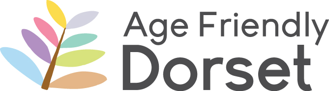 Logo for "Age Friendly Dorset" featuring a stylized tree with 8 multi-coloured leaves. 