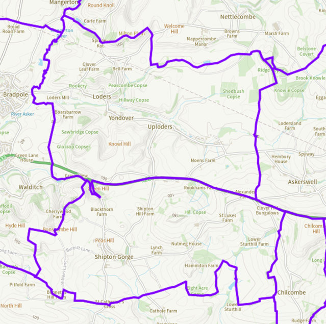Image 1: A map indicating the current parish boundaries of Loders and Shipton Gorge