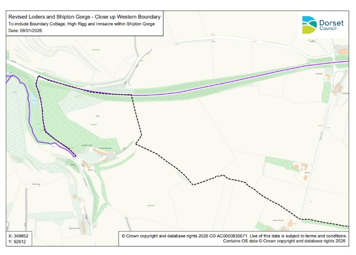 Appendix B - Map showing a close-up of the western line of the proposed new boundary between Shipton Gorge and Loders parishes