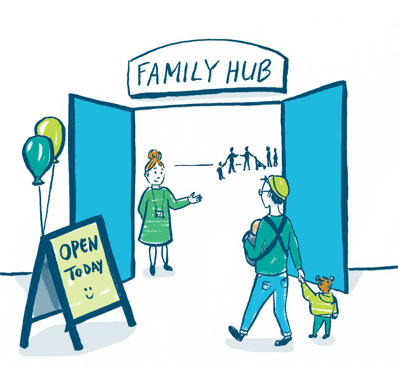 Image displaying a Family Hub with a Dorset Council worker welcoming a parent and their children.