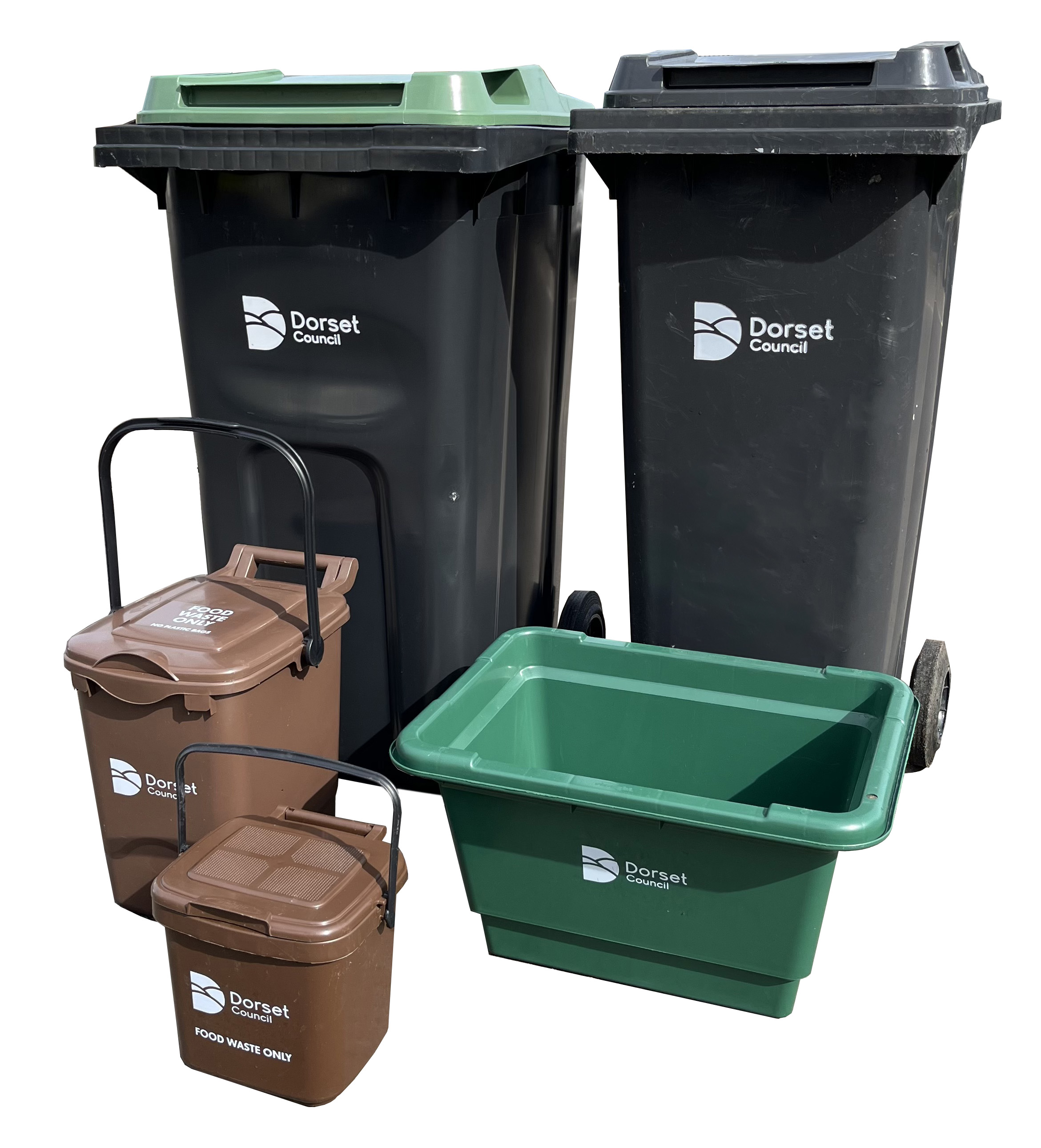 The image shows a group of bins with 'Dorset Council' logos on them. There are two black wheelie bins: a green-lidded recycling bin, and a slightly smaller black-lidded rubbish bin. There is also an un-lidded green glass box, and two brown food waste containers. One of the food waste containers is larger (the food waste bin), and one is smaller (the food waste caddy).