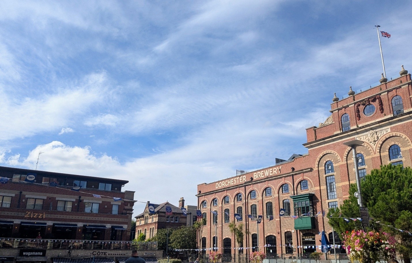 Photo of the listed Dorchester Brewery buildings and new development at Brewery Square.