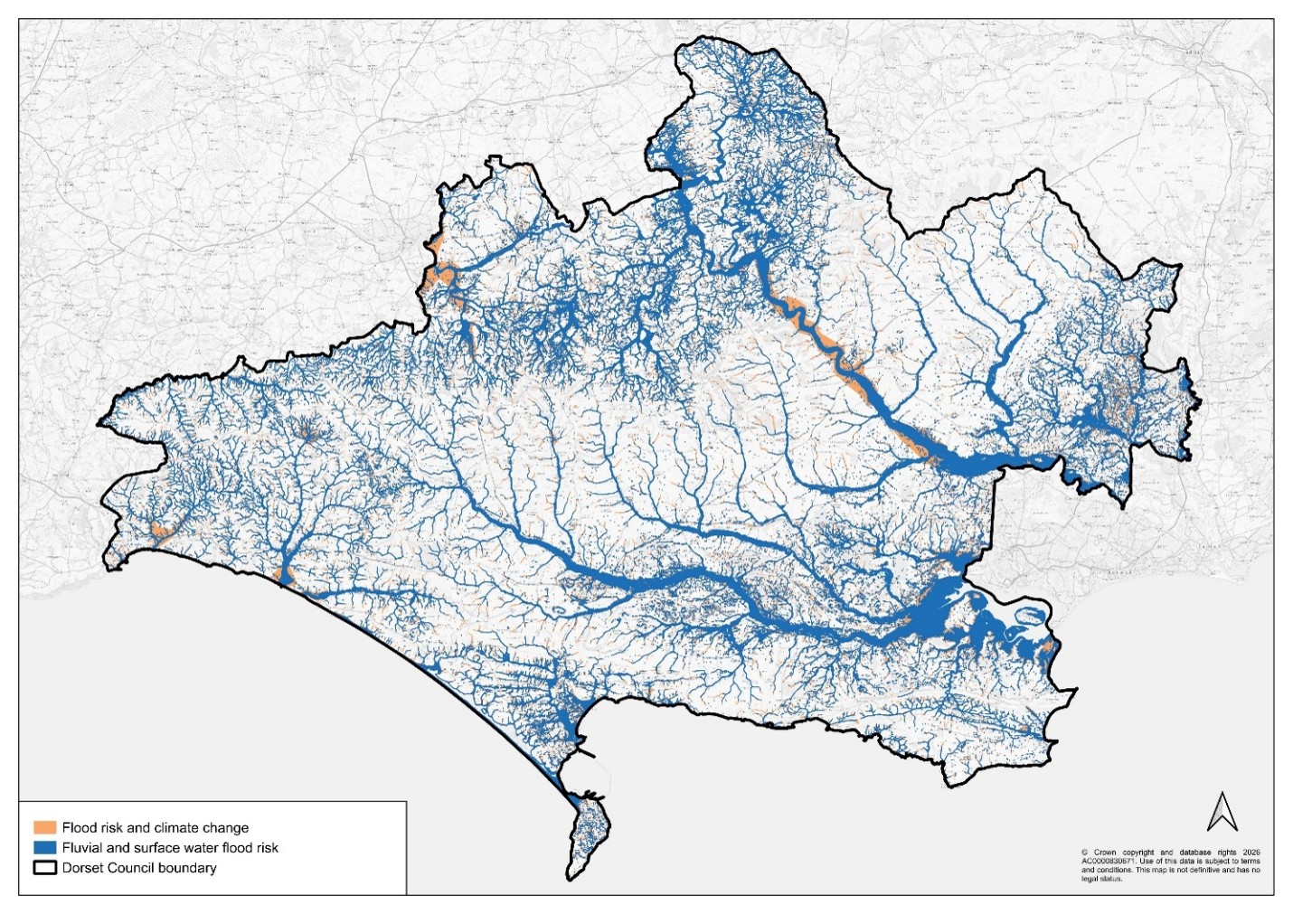 Map depicting the Dorset Council area boundary, areas at risk of river and surface water flooding, and areas that are expected to be at risk of flooding in future as a result of climate change.