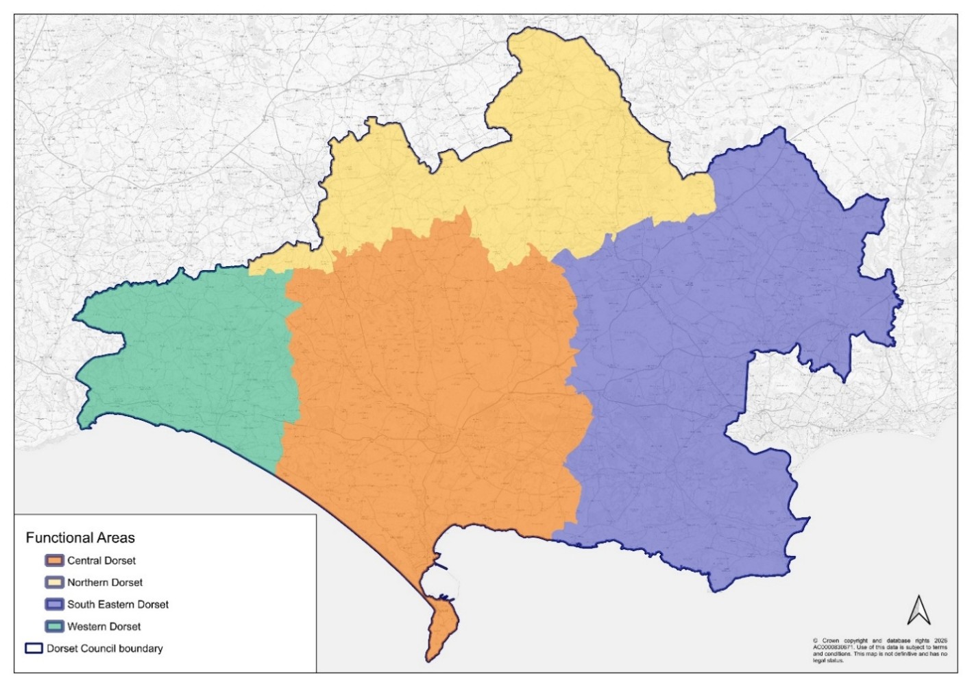 Map depicting the Dorset Council area boundary and the four functional areas.