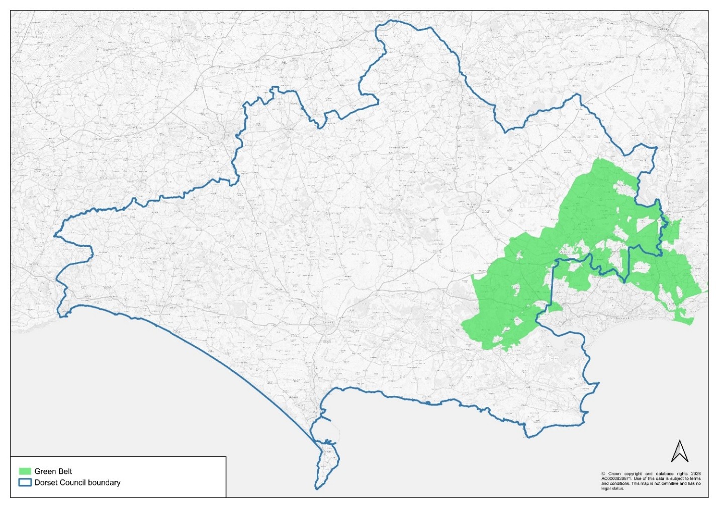 Map showing the Dorset Council area boundary and the extent of South East Dorset Green Belt.