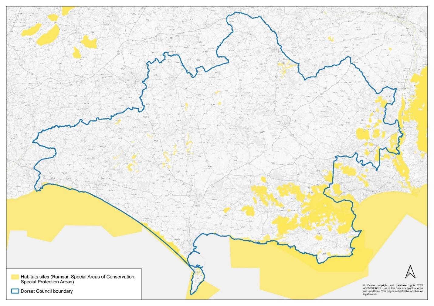 Map depicting the Dorset Council area boundary and the areas covered by habitat sites.